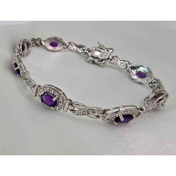 ROSS SIMONS 925 Sterling Silver Amethyst & White Topaz Gems Tennis Bracelet - Picture 1 of 5